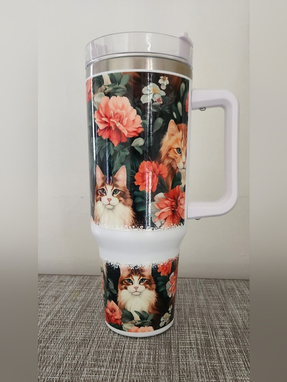 Floral Cat Travel Tumbler 40oz- White Handle NWOT